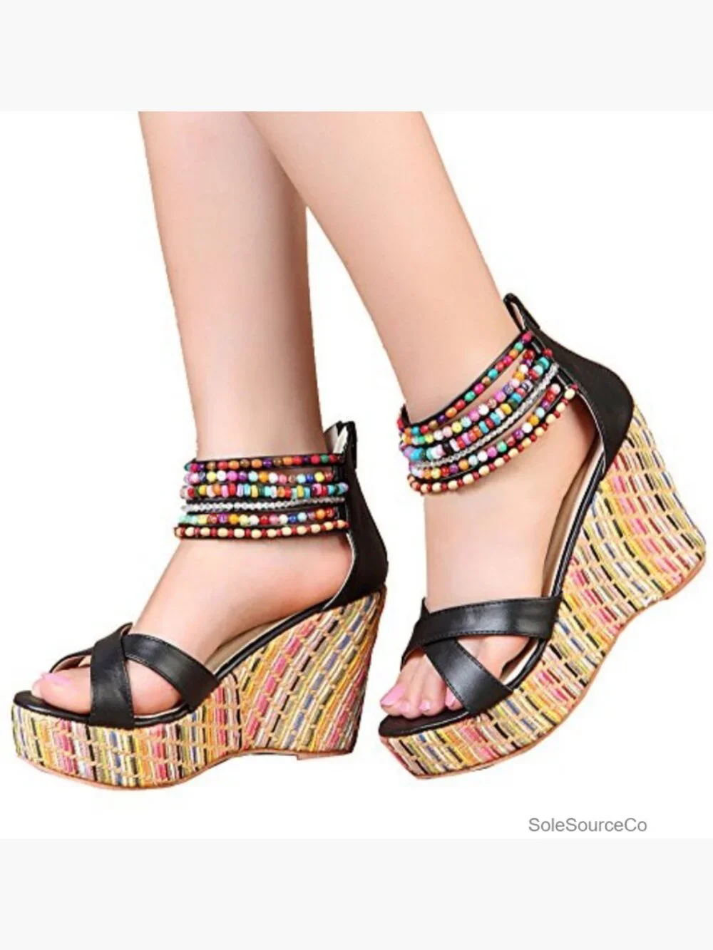 Women's Pearl Wedge Sandals Platform High Heels Back Zip Peep Toe